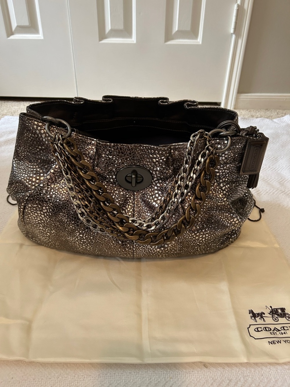 Coach Metallic Bronze Pebbled Leather Shoulder Bag with Chain Straps